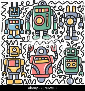 hand drawn robot doodle set Stock Vector