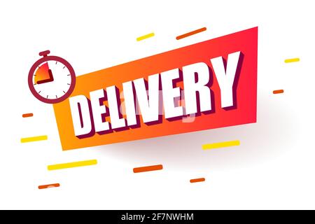 Sticker with says delivery. Red ribbon with text delivery and clock. Colorful Fast banners. Vector promo bubble in modern flat style isolated on white Stock Vector