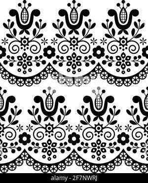 Retro Polish folk art vector seamless textile or fabric print pattern, black and white floral decorative folk art embroidery Lachy Sadeckie Stock Vector