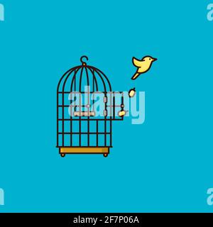 Canary bird escaping from birdcage vector illustration for Freedom Day on November 9 Stock Vector