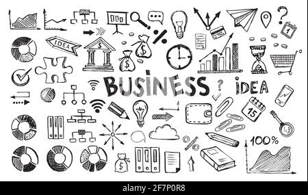 Management concept with Doodle design style. Hand drawn business symbols. Stock Photo