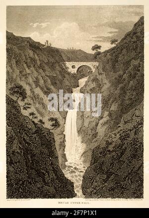 1805 original engraving of Bruar Upper Fall at end of 18th century, from 1811 Views in North Britain, illustrative of the works of Robert Burns, publi Stock Photo
