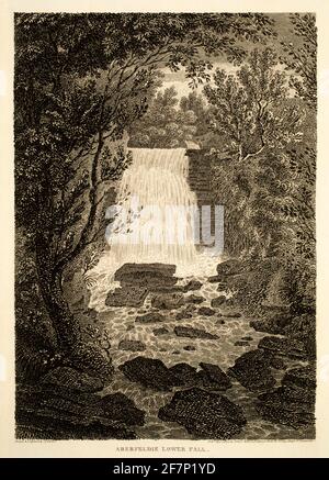 1805 original engraving of Aberfeldie (Aberfeldy) Lower Falls of Moness at end of 18th century, from 1811 Views in North Britain, illustrative of the Stock Photo