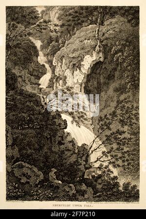 1805 original engraving of Aberfeldie (Aberfeldy) Upper Falls of Moness at end of 18th century, from 1811 Views in North Britain, illustrative of the Stock Photo