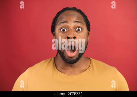 Close portrait of surprised african bearded man with opened mouth isolated on red background, with afro haircut in mustard t-shirt looking in camera with raised eyebrows and surprised face expression Stock Photo