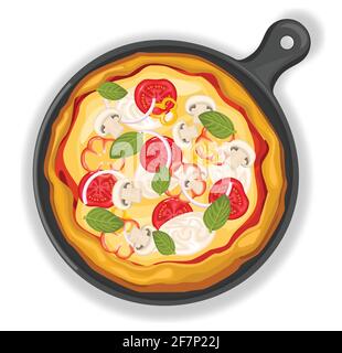 Vegetarian pizza on a graphite board with ingredients. Stock Vector