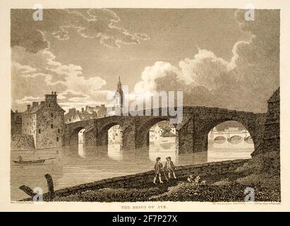 1805 original engraving of Brigs of Ayr, from 1811 Views in North Britain, illustrative of the works of Robert Burns, published by John Stockdale Picc Stock Photo