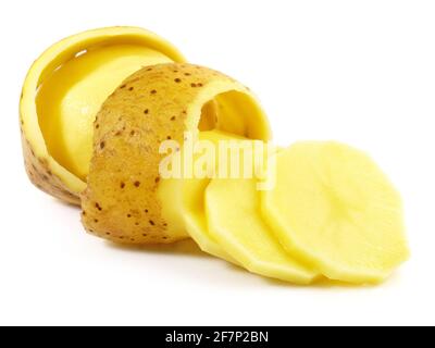 Peeled Potato with Potato Slices isolated on white Background Stock Photo