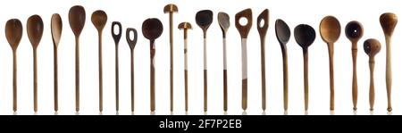Kitchenware - Old wooden kitchen spoons isolated on white Background Panorama Stock Photo
