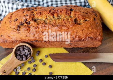 Homemade delicious banana bread with chocolate chips. Whole loaf. Stock Photo