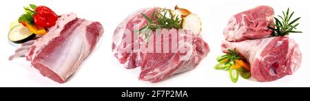 Different Raw Lamb Meat isolated on white Background - Panorama Stock Photo