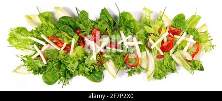 Mixed Salad with sliced Ham and Cheese - Fresh Lettuce Panorama isolated on white Background Stock Photo