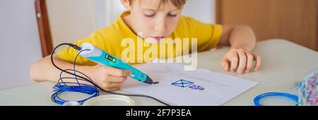 Kid using 3d printing drawing pen. Creative, leisure, technology education concept BANNER, LONG FORMAT Stock Photo