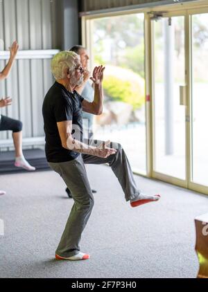 Group of seniors in Tai Chi class exercising in an active retirement lifestyle. Mental and physical health benefits of exercise and fitness in elderly Stock Photo