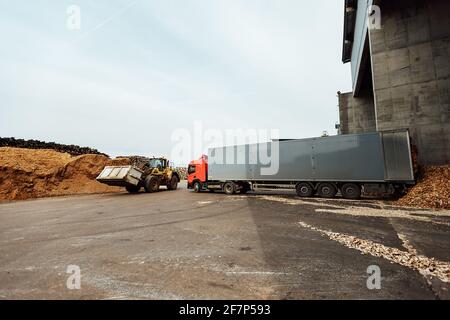 the truck unloads tons of wood waste. sawdust and shavings are stored for further processing. mountain of waste wood Stock Photo