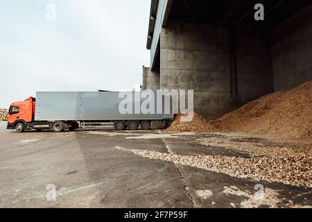 the truck unloads tons of wood waste. sawdust and shavings are stored for further processing. mountain of waste wood Stock Photo