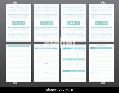 2022 2023 2024 2025 calendar daily weekly monthly personal planner diary template in strict minimalist urban style turquoise mint pastel color. indivi Stock Vector