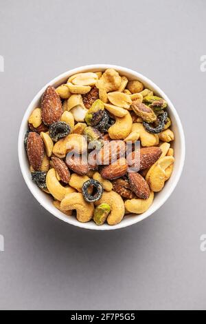 Mix of salted nuts in bowl. Top view. Stock Photo