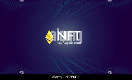 Ethereum golden sign on futuristic neon purple background, text NFT non fungible token, cryptocurrency banner. Stock Photo