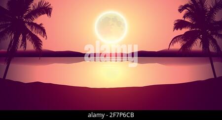 tropical landscape at night holiday banner with palm trees and full moon Stock Vector