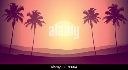 tropical night landscape with palm trees and mountains Stock Vector