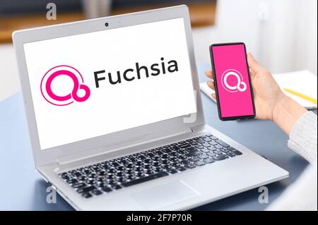 Kyiv, Ukraine - April 2, 2021: Google Fuchsia OS logos on the mobile phone screen and on the laptop display, operating system developed by Google Corporation Stock Photo