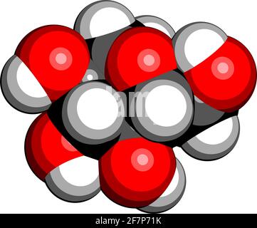 Glucose (dextrose, grape sugar) molecule (beta-D-glucopyranose form). 3D rendering. Atoms are represented as spheres with conventional color coding: h Stock Vector