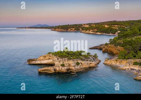 Aerial view at sunrise of Punta de l'Àliga Cape, in Costa Daurada Coast, between Ametlla de Mar and La Ampolla (Mediterranean Sea, Tarragona, Spain) Stock Photo