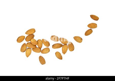 Almond nuts isolated on white background, top view. Scattered almonds Stock Photo