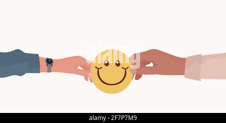 Positive customer service rating concept. Satisfaction quality and service. Hand giving another hand a smiley face. Happy and satisfied metaphor. Stock Vector