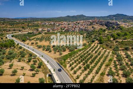 Aerial views of the town of Pinell de Brai and its surroundings (Tarragona province, Catalonia, Spain) ESP: Vistas aéreas de Pinell de Brai y entornos Stock Photo