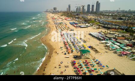 Aerial Photography of the Coastline of Rishon LeZion in central Israel. Looking North Bat Yam in the background Stock Photo