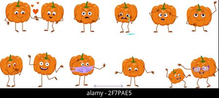 Set of cute pumpkin characters with emotions, faces, arms and legs. Cheerful or sad heroes, orange autumn vegetables play, fall in love, keep their Stock Vector