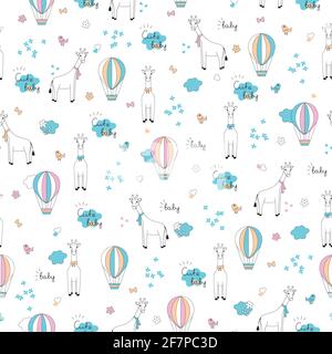 Giraffe drawing vector pattern For kids and babies t-shirt pajamas prints textile. Stock Vector