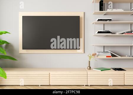 Blank TV screen mock up on the white wall of modern living room Stock Photo