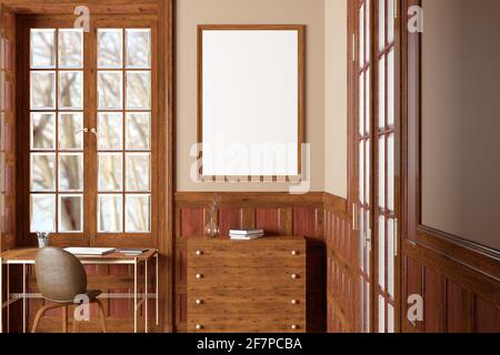 Vertical blank poster mock up on beige wall in interior of traditional style living room Stock Photo