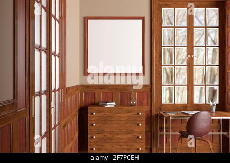 Square blank poster mock up on beige wall in interior of traditional style living room Stock Photo
