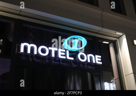 BERLIN, GERMANY - DECEMBER 02, 2020: Motel One logo at hotel building located in Berlin, Germany Stock Photo