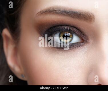 Closeup macro shot of human female eye. Woman with natural evening vogue face beauty makeup. Girl with perfect skin and pink eyes shadows.
