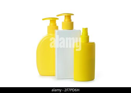 Bottles of sunscreen isolated on white background Stock Photo
