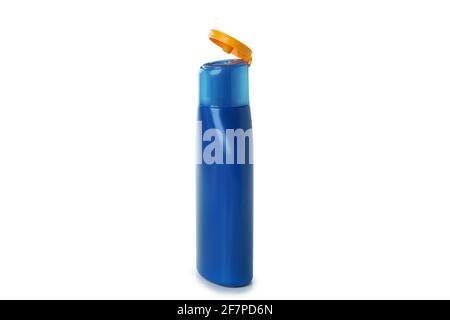 Blue bottle of sunscreen isolated on white background Stock Photo