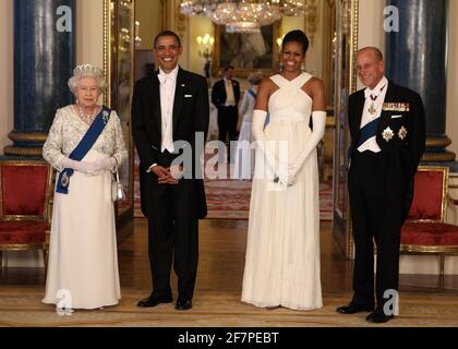 File photo dated 24/05/11 of Queen Elizabeth II and the Duke of Edinburgh posing with U.S. President Barack Obama and First Lady Michelle Obama in the Music Room of Buckingham Palace ahead of a State Banquet, as part of the Presidents three-day state visit to the UK. The Duke of Edinburgh has died, Buckingham Palace has announced. Issue date: Friday April 9, 2020.. See PA story DEATH Philip. Photo credit should read: Chris Jackson/PA Wire Stock Photo