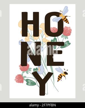 Beekeeping natural products and honey banner or card template with flowers and lettering, flat vector illustration. Honey and apiary products producti Stock Vector