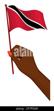 Female hand gently holds small flag of Trinidad and Tobago. Holiday design element. Cartoon vector on white background Stock Vector