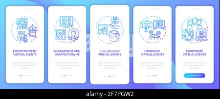 Distant events types onboarding mobile app page screen with concepts Stock Vector