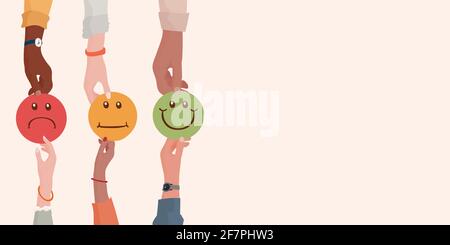 Customer service evaluation concept. Quality and service satisfaction. Hand giving another hand a smiley face with a dislike average and like rating Stock Vector