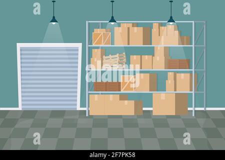 Warehouse interior in cartoon style with boxes, wooden containers, packages building inside. Industry shelfs and door, Empty logistic service. Vector Stock Vector