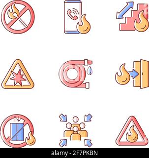 Fire safety guidelines RGB color icons set Stock Vector