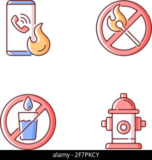Emergency instructions for fire safety RGB color icons set Stock Vector