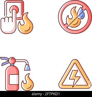 Fire hazards instructions RGB color icons set Stock Vector